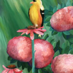 Painting of yellow bird on flower